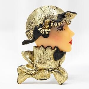 1980s Vintage Face Brooch Pin – Art Deco Revival Style, Gold and Black Accents